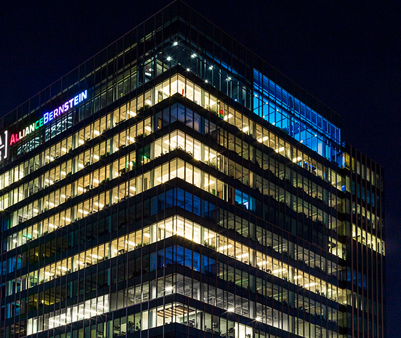 Exterior view of Alliance Bernstein office at night