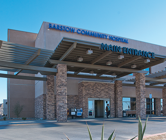 Exterior view of the main entrance to the Barstow Community Hospital