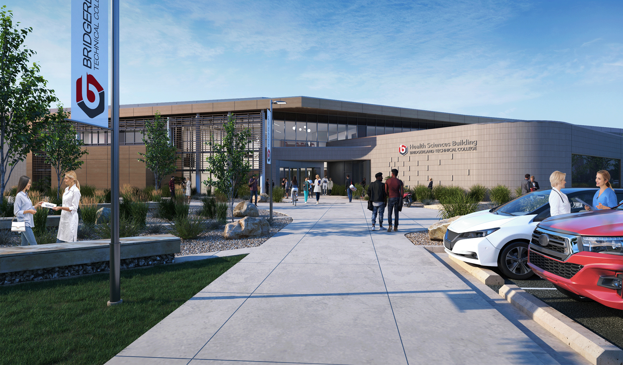 Rendering of the entrance to the Health Sciences Building at Bridgerland Technical College