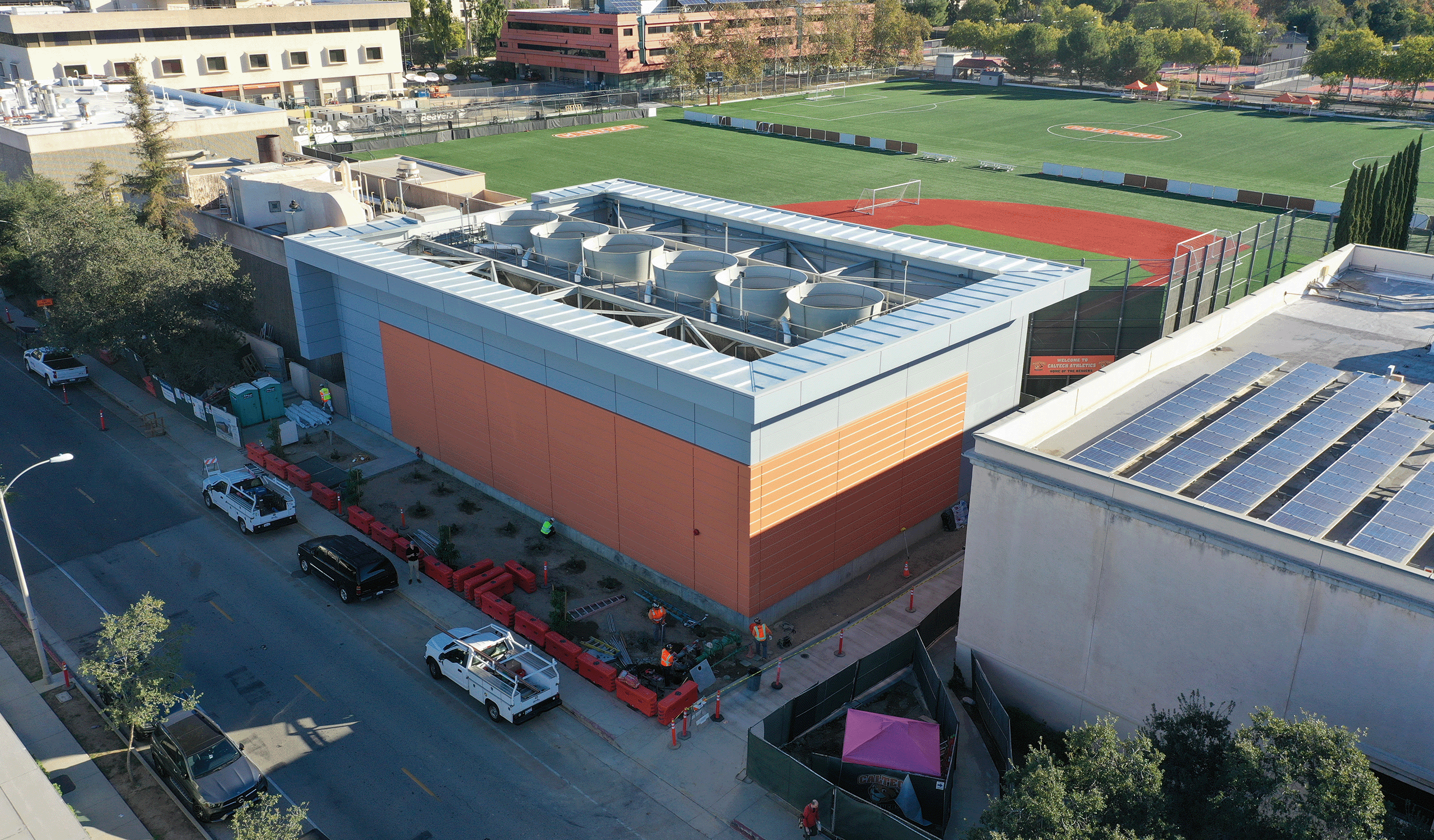 Exterior drone view of the California Institute of Technology Central Utility Plant