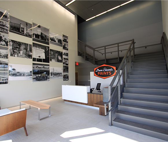 Interior view of lobby and stairs at Dunn-Edwards Paints