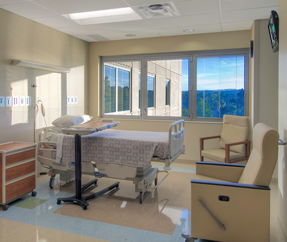 Interior view of patient bed in the Los Robles Hospital & Medical Center