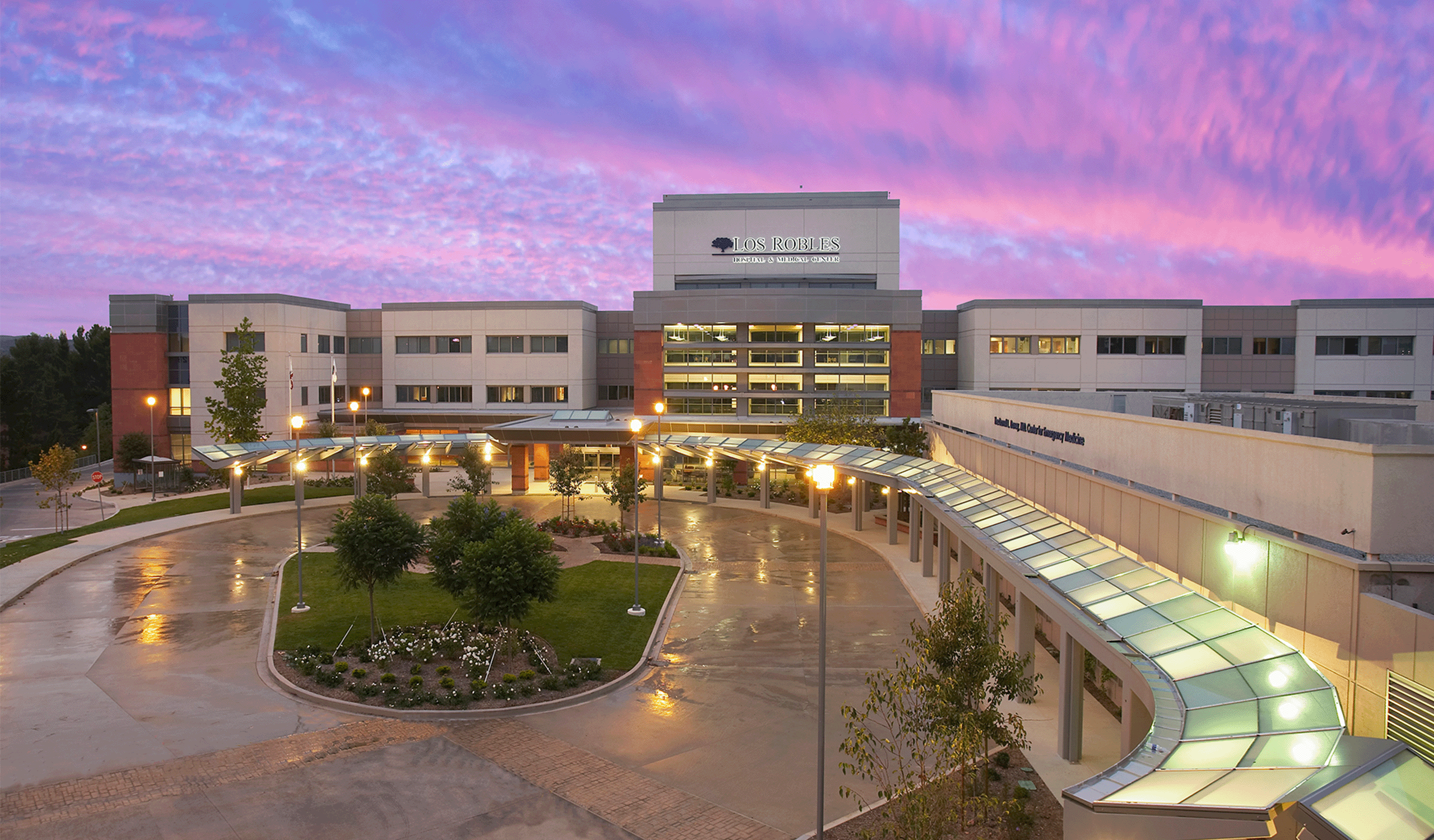 Exterior drone view of the Los Robles Hospital & Medical Center