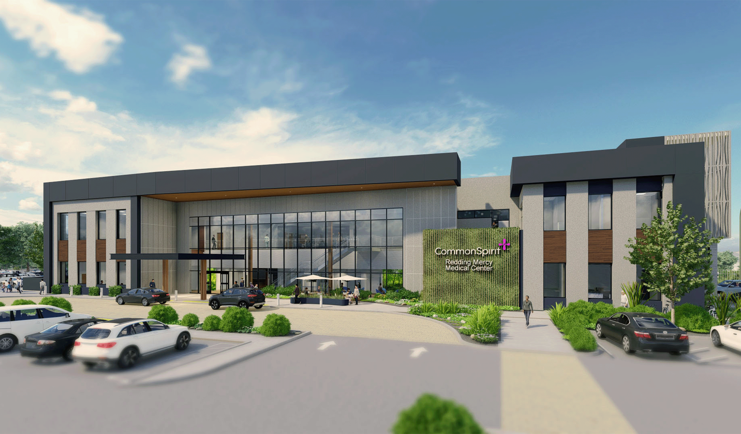 Exterior rendering of the Mercy Medical Center Redding Cancer Center entrance