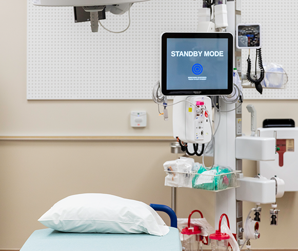 Interior view of patient bed in the Monument Health Rapid City Hospital
