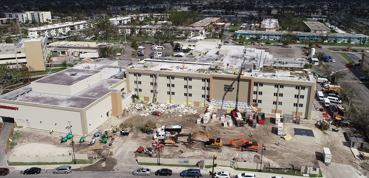 Exterior drone view of hospital under construction