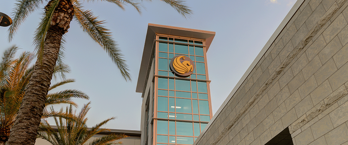 A closeup of the tower at Lake Nona Medical Center