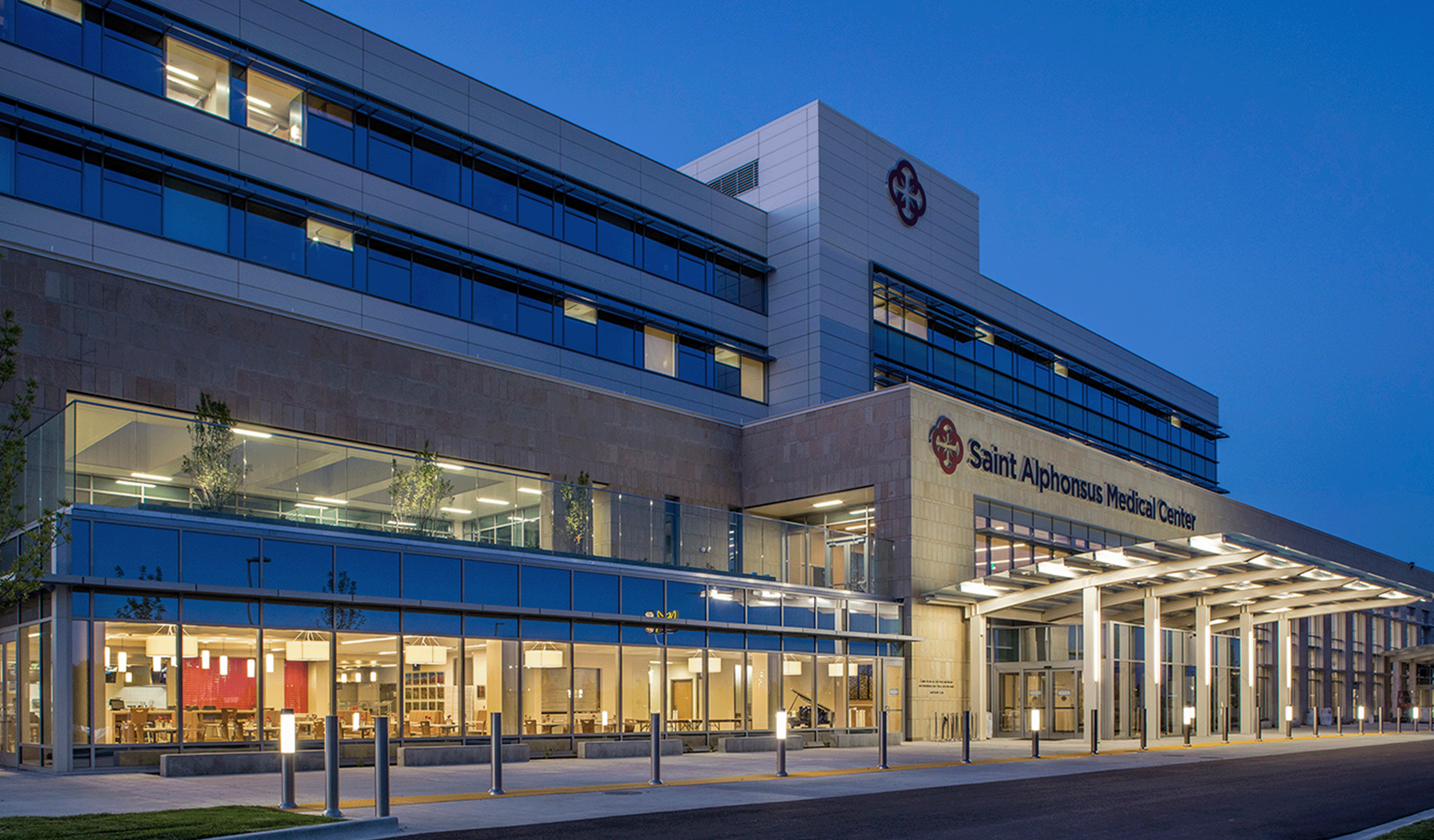 Exterior view of the front entrance to the Saint Alphonsus Medical Center