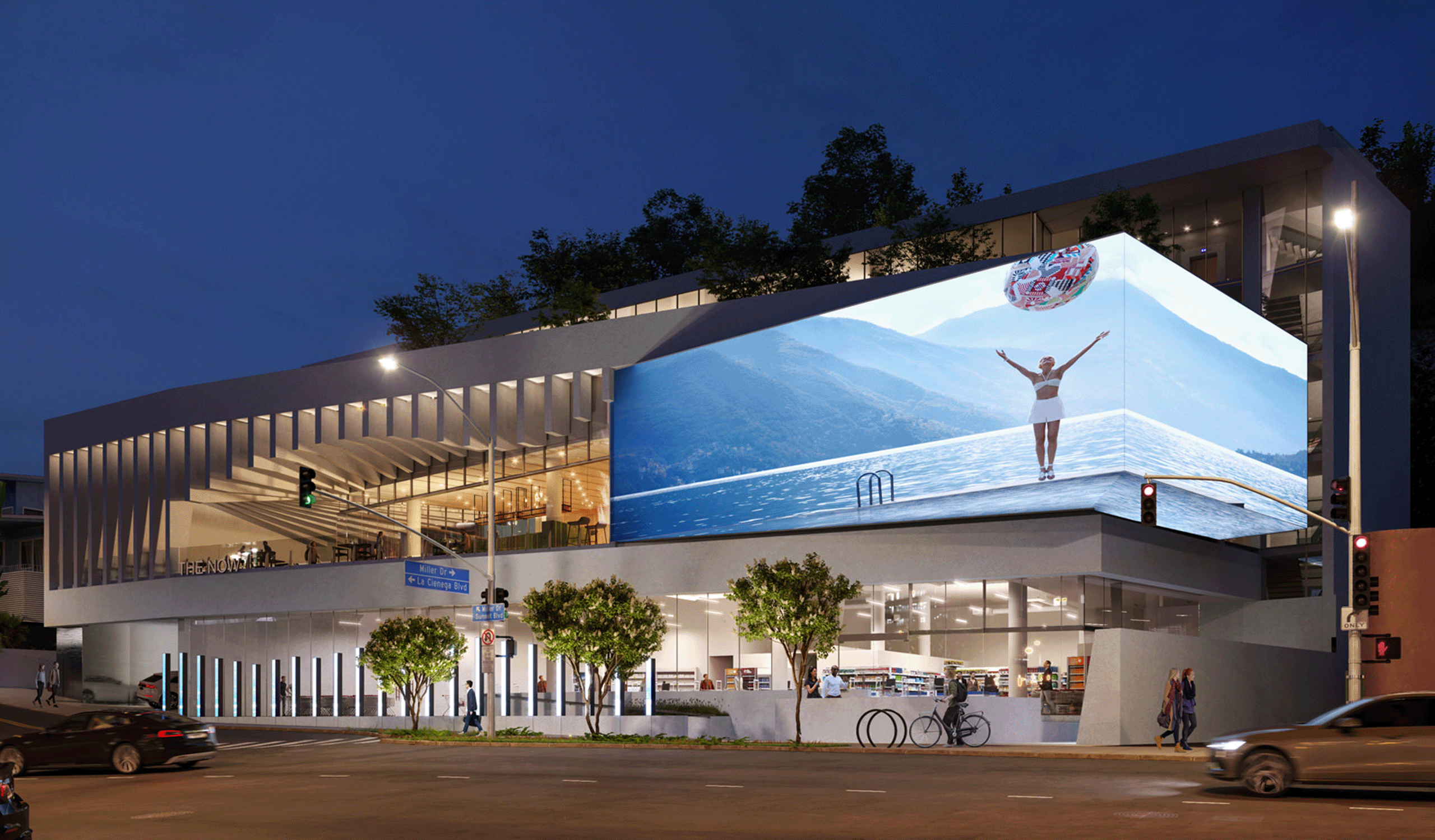 Exterior view of The Now building at night