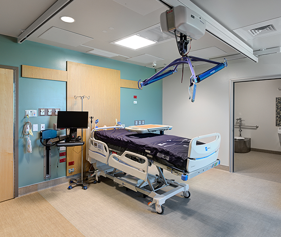 Interior view of patient bed in the Trios Birthing Center