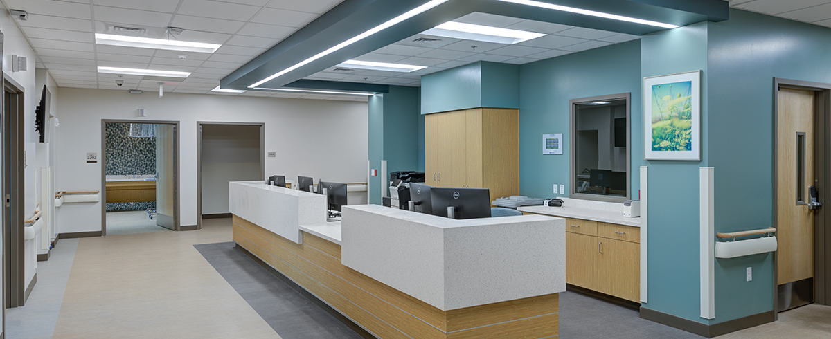 Interior view of the nurse station inside the Trios Birthing Center