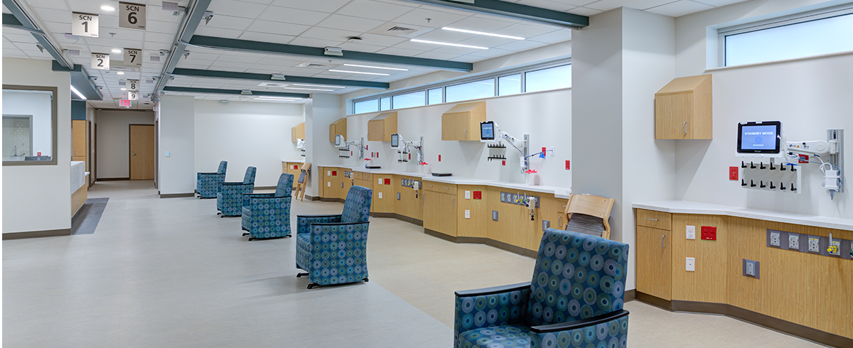 Interior view of seating areas in the Trios Birthing Center