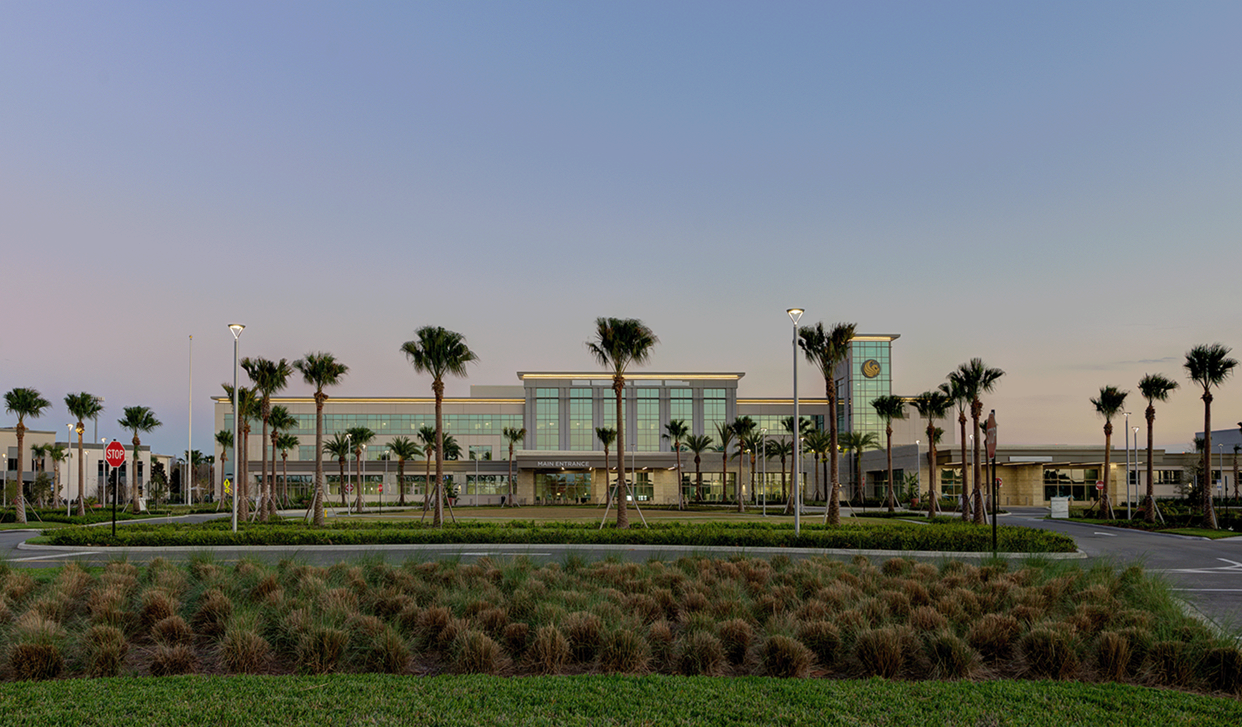 Exterior view of the main entrance to the Lake Nona Medical Center, University of Central Florida