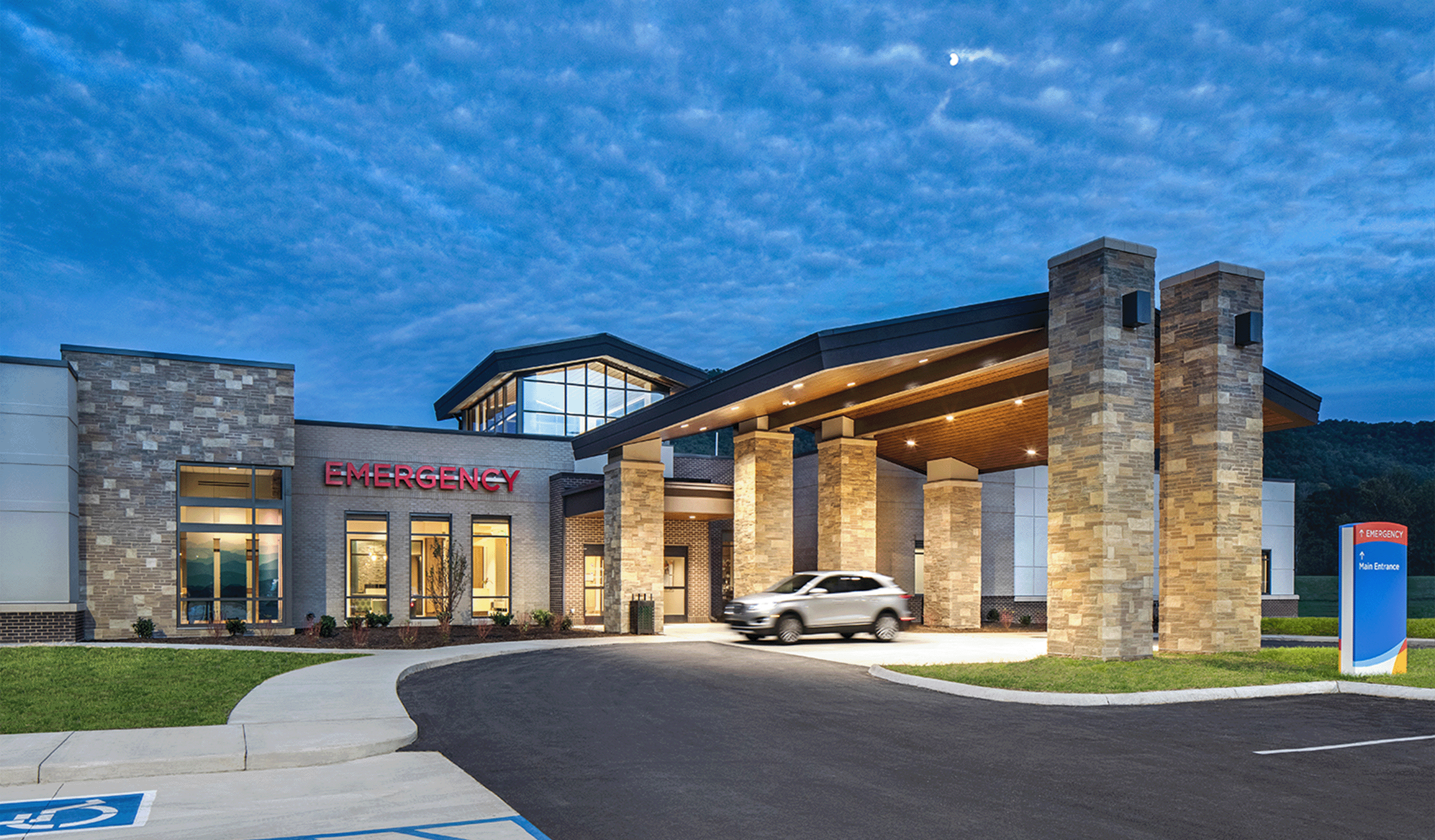Exterior view of the emergency entrance to the Unicoi County Memorial Hospital and Long-Term Care