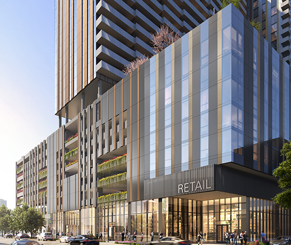 Exterior street rendering of the retail entrance at Sol Modern
