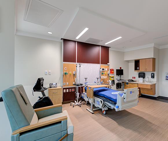 Interior view of hospital room at the Huntsman Cancer Institute