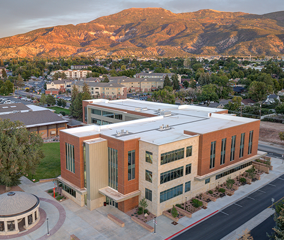 Exterior drone view of Bristlecone Hall