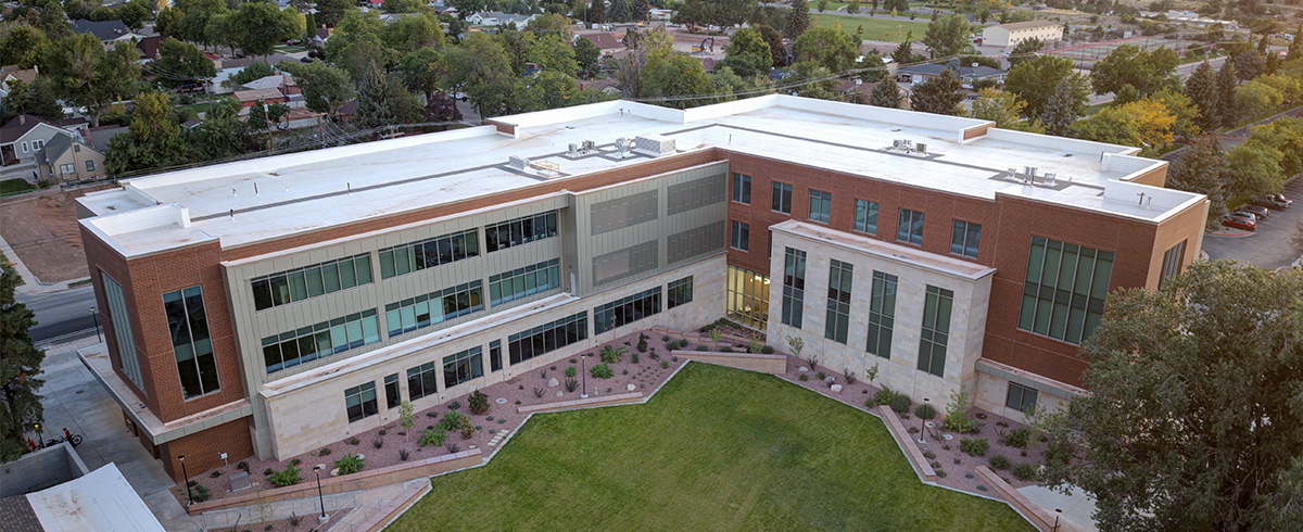 Exterior drone view of Bristlecone Hall