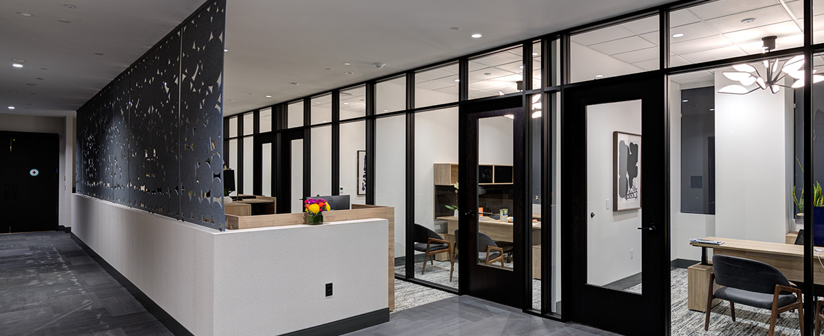 Private office spaces with floor to ceiling glass walls and black accents.