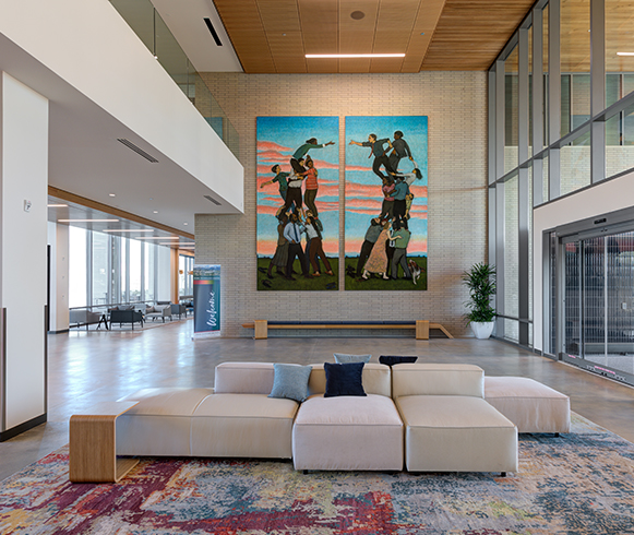 An open area with couch seating for employees to use.
