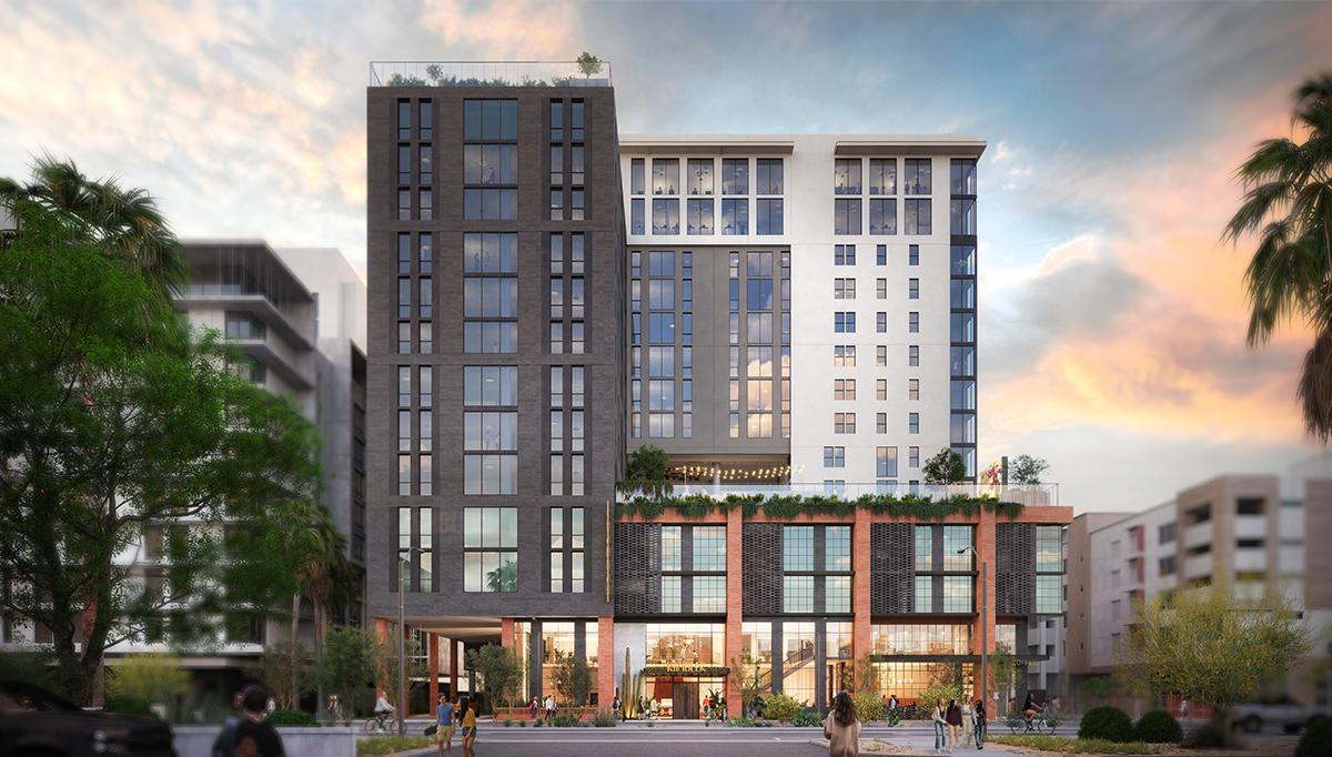 An exterior rendering of Rambler Tempe with students walk in and out.