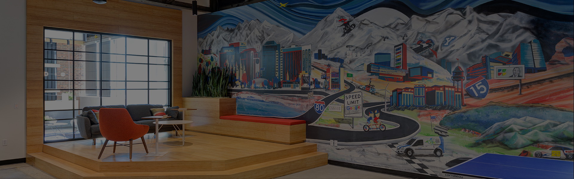 A large mural painted with landmark locations in Salt Lake City, Utah.