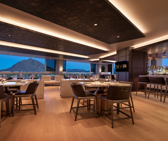 Interior photo of Caesars Republic hotel showing the bar and restaurant.