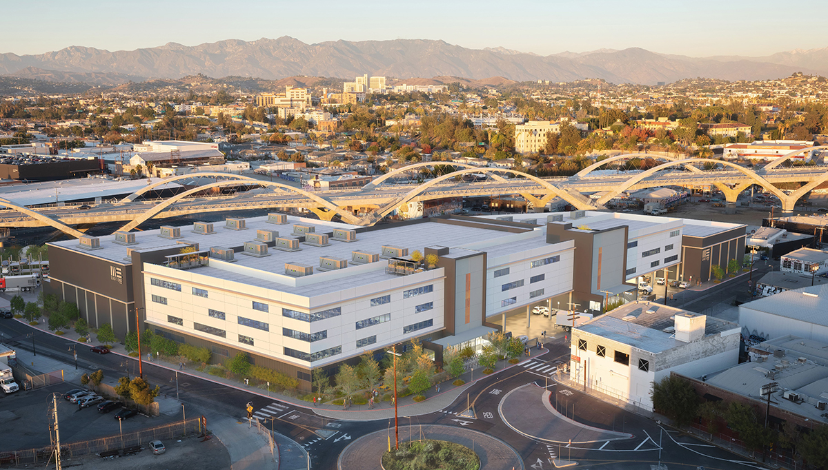 An exterior rending of the Mission Campus for East End Studios in the Los Angeles Arts District.