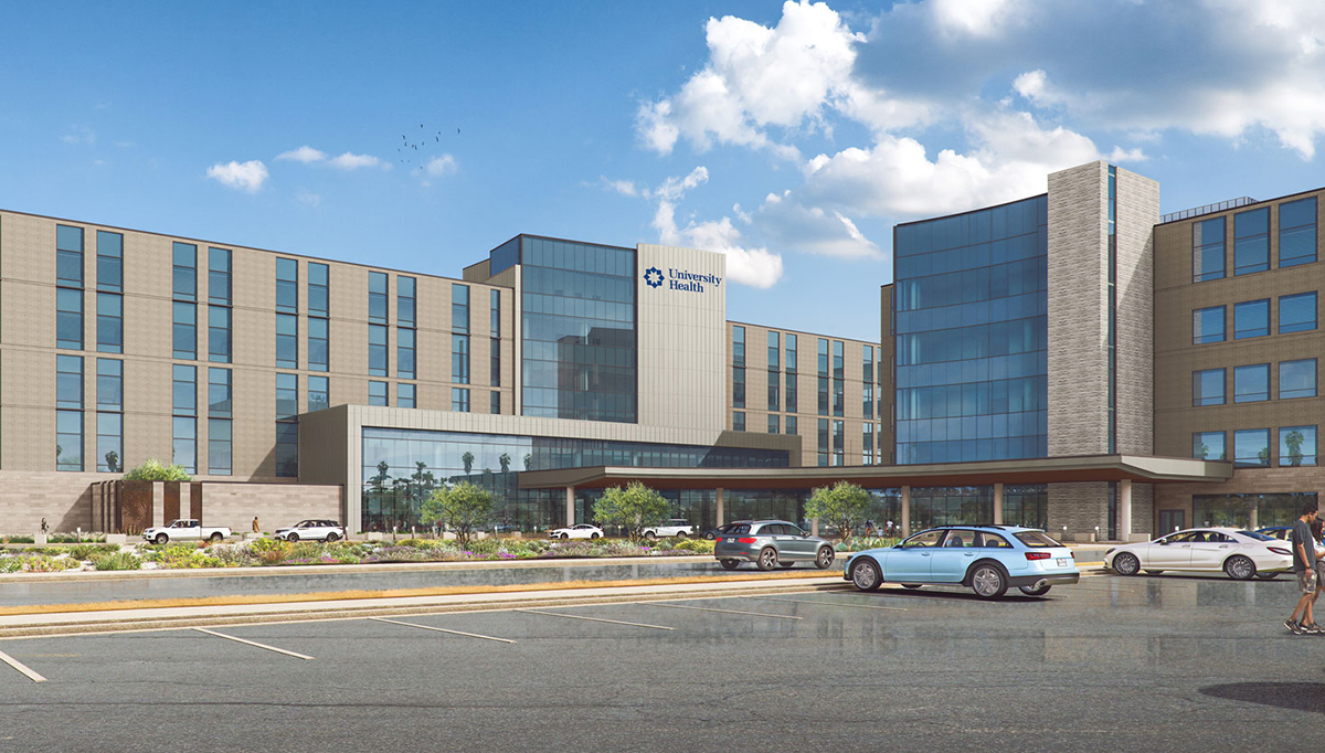 An exterior rending of the University Health Retama campus in San Antonio, TX.