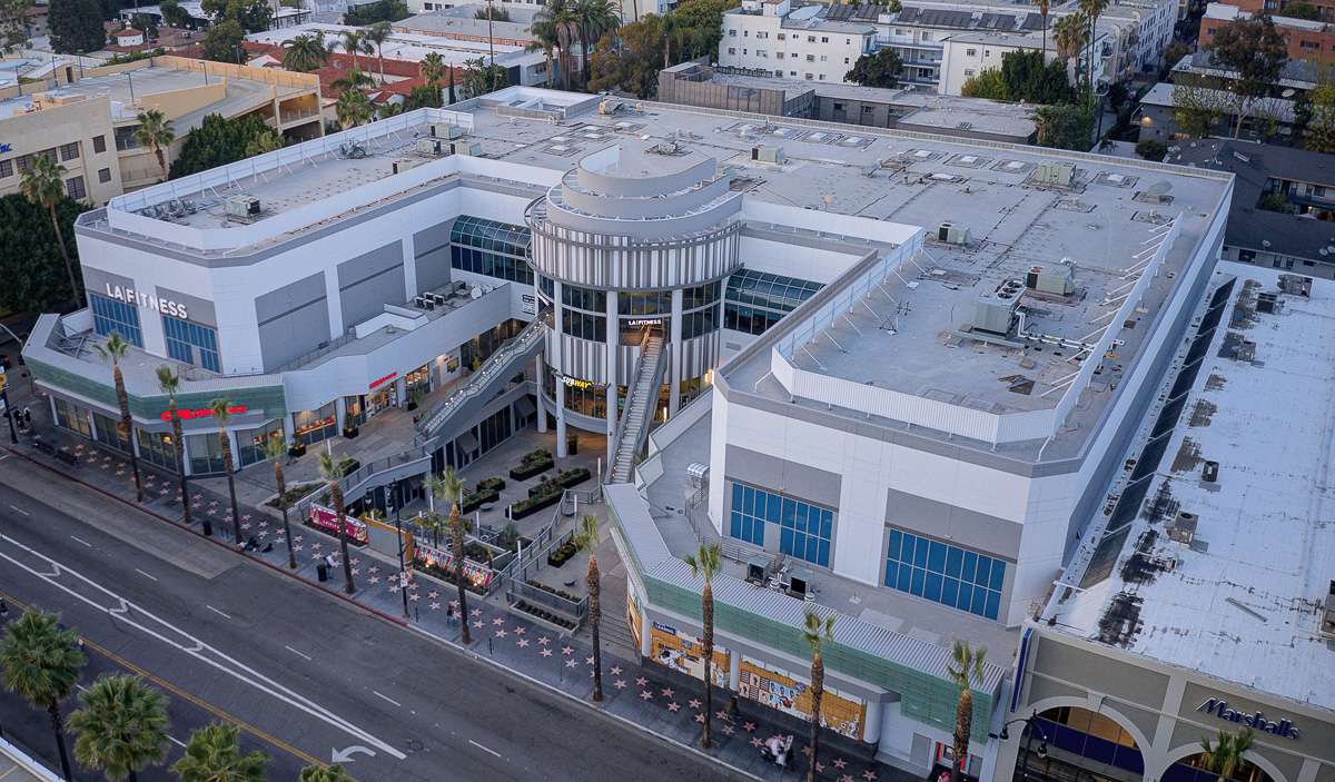 Exterior drone view of the Hollywood Galaxy Mall