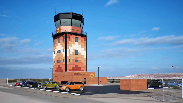 Architectural rendering of the planned air traffic control tower at St. George Regional Airport, featuring a desert-toned patterned exterior with parking in front. p-hero-w-heading__img