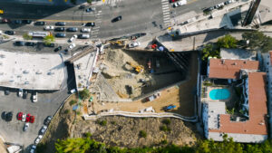 Aerial shot of The Now project site on La Cienega and Sunset Boulevard showing zero lot lines