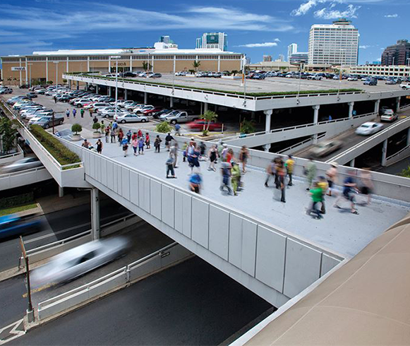 Exterior view of walkway connecting parking to the Ala Moana Honolulu by Mantra