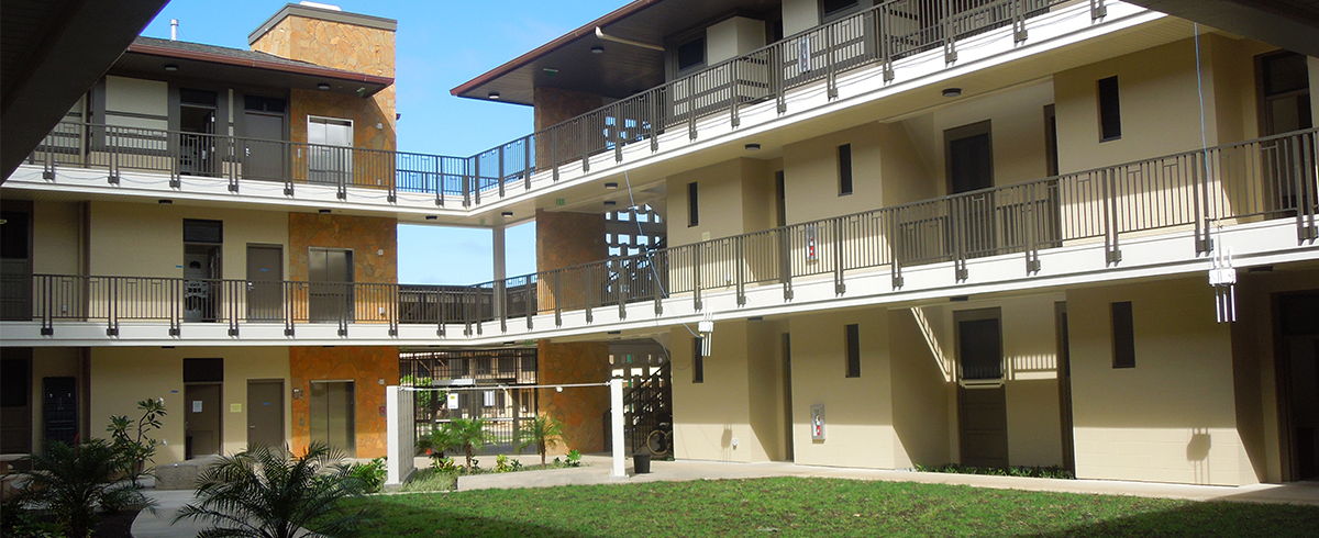 Exterior view of courtyard at the Student Housing at Brigham Young University