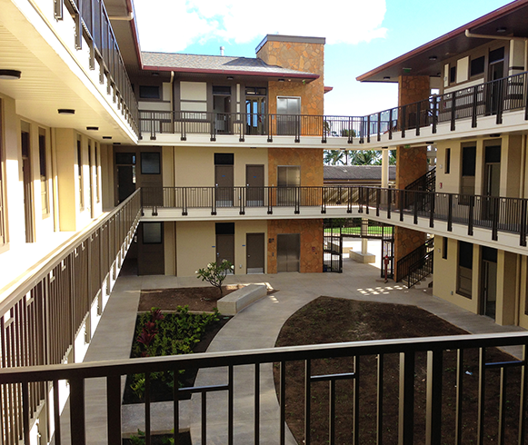 Exterior view of walkways around the Student Housing at Brigham Young University