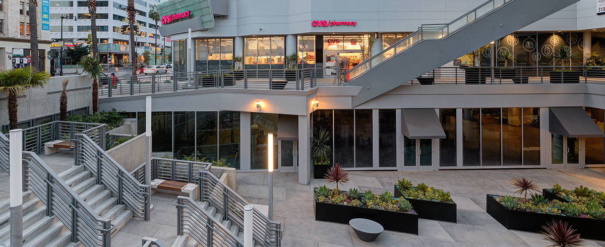 Exterior view of below ground entrances to the Hollywood Galaxy Mall