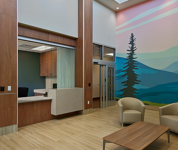 Interior view of reception area in the State Hospital West | Adolescent Psychiatric Treatment Center