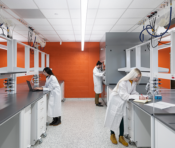 Interior view of students working in a laboratory at the Henry Eyring Building at the University of Utah